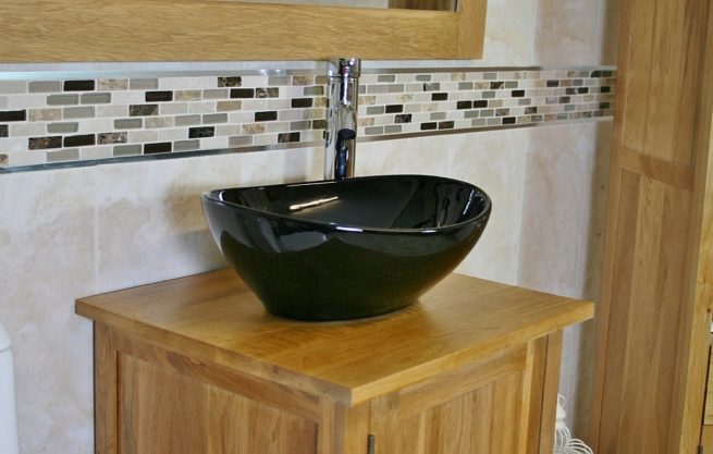 Oval Black Ceramic Basin & Tap Set on Oak Vanity Unit - Side View