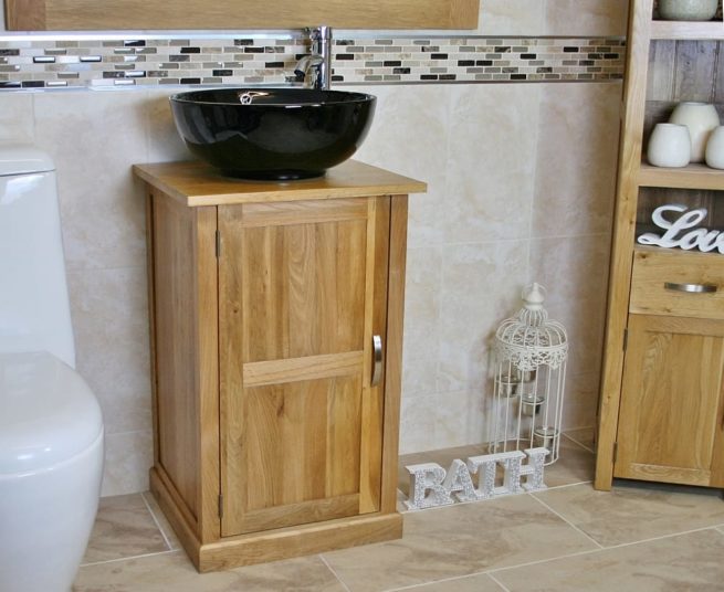 Oak Top Vanity Unit with Round Black Ceramic Basin & Tap - Side View