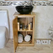 Oak Top Vanity Unit with Round Black Ceramic Basin and Tap - Front View Showing Storage