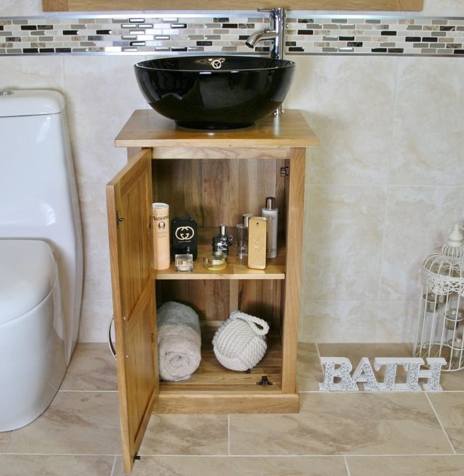 Oak Top Vanity Unit with Round Black Ceramic Basin and Tap - Front View Showing Storage