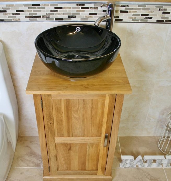 Oak Top Bathroom Vanity Unit & Round Black Ceramic Basin and Tap Set - Above View