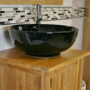 Oak Top Bathroom Vanity Unit & Round Black Ceramic Basin - Close Up Side View