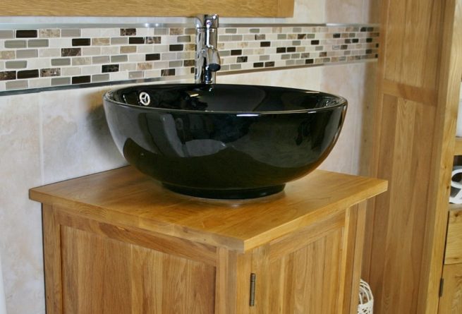 Oak Top Bathroom Vanity Unit & Round Black Ceramic Basin - Close Up Side View