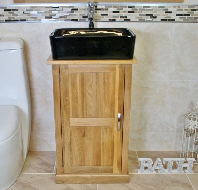 Oak Top Vanity Unit with Rectangle Black Ceramic Basin and Tap Set