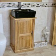 Oak Top Bathroom Vanity Unit with Black Rectangle Ceramic Basin and Chrome Tap Set - Side View