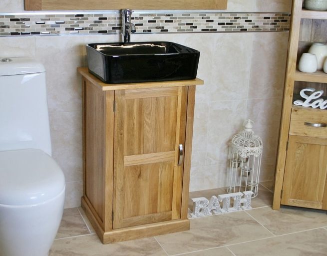 Oak Top Bathroom Vanity Unit with Black Rectangle Ceramic Basin and Chrome Tap Set - Side View