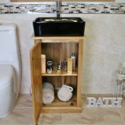 Oak Top Vanity Unit with Rectangle Black Ceramic Basin and Chrome Tap Set - Showing Unit Storage