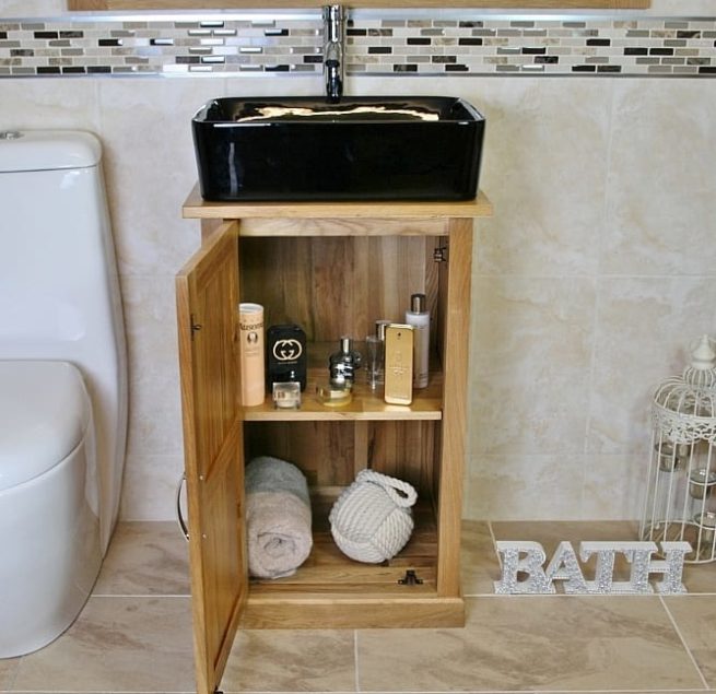 Oak Top Vanity Unit with Rectangle Black Ceramic Basin and Chrome Tap Set - Showing Unit Storage