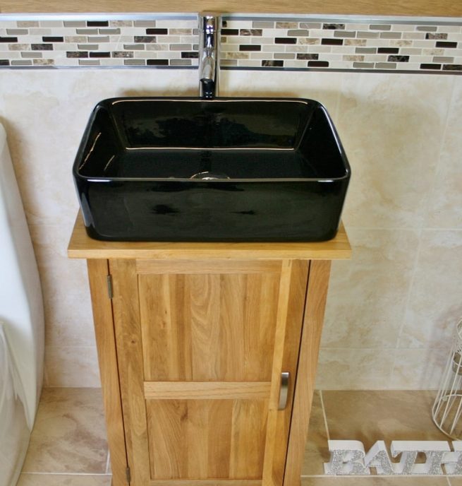 Oak Top Vanity Unit & Rectangle Black Ceramic Basin and Tap Set - Above View