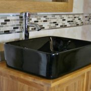 Oak Top Bathroom Vanity Unit with Rectangle Black Ceramic Basin & Tap - Close Up Side View