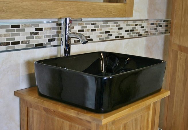 Oak Top Bathroom Vanity Unit with Rectangle Black Ceramic Basin & Tap - Close Up Side View