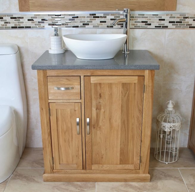 White Ceramic Oval Basin on Grey Quartz Top Vanity Unit