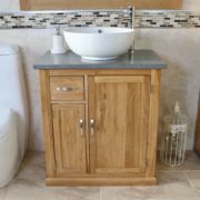 White Round Curved Ceramic Bathroom Basin on Grey Quartz Top Vanity Unit