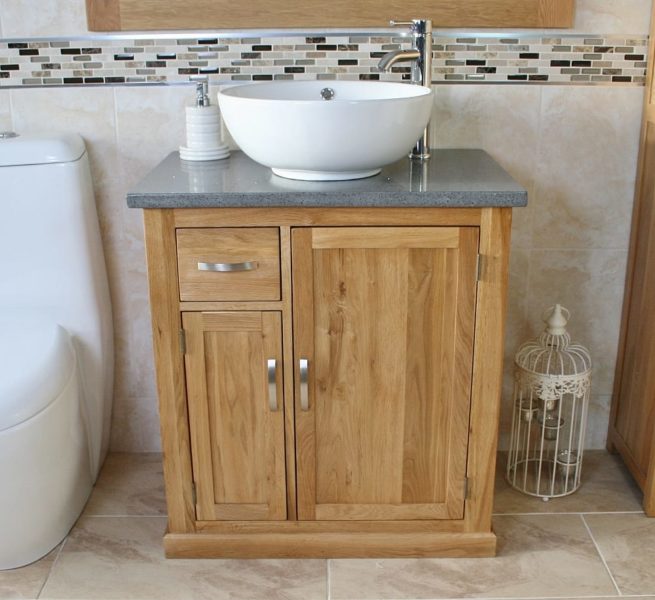 White Round Curved Ceramic Bathroom Basin on Grey Quartz Top Vanity Unit