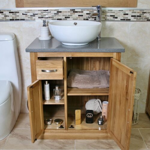 Open Vanity Unit - Lots of Storage Space with Grey Quartz Top & White Ceramic Round Curved Basin