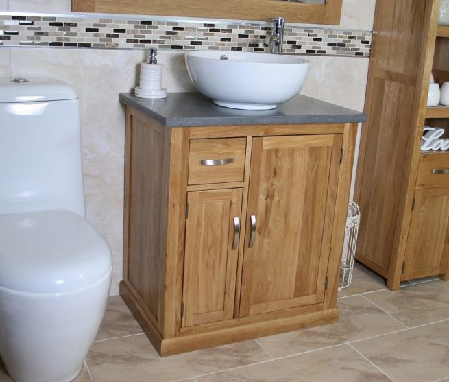 White Ceramic Round Curved Basin on Grey Quartz Top Vanity Unit