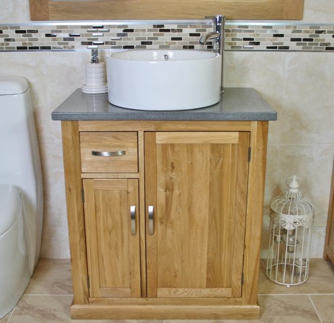 Grey Quartz Top Vanity Unit with White Round Ceramic Bathroom Basin