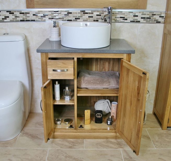 Open Grey Quartz Top Vanity Unit and White Round Ceramic Basin - Lots of Storage