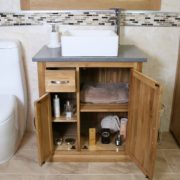 Open Grey Quartz Top Vanity Unit & Square White Ceramic Basin - Showing Storage