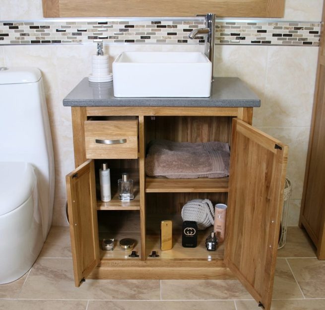 Open Grey Quartz Top Vanity Unit & Square White Ceramic Basin - Showing Storage