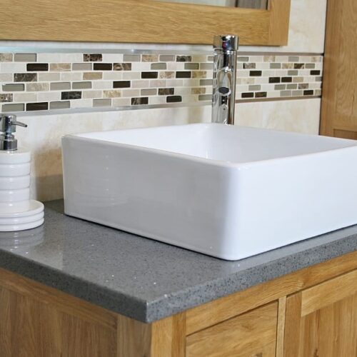 Square White Ceramic Bathroom Basin on Grey Quartz Top Vanity - Side View
