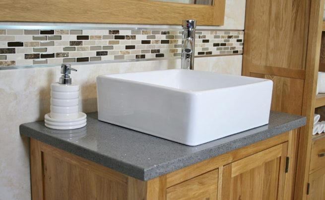 Square White Ceramic Bathroom Basin on Grey Quartz Top Vanity - Side View