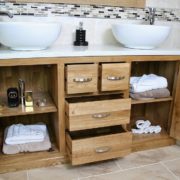 White Quartz Top Double Ceramic White Basin, Oak Vanity Unit - Showing Storage