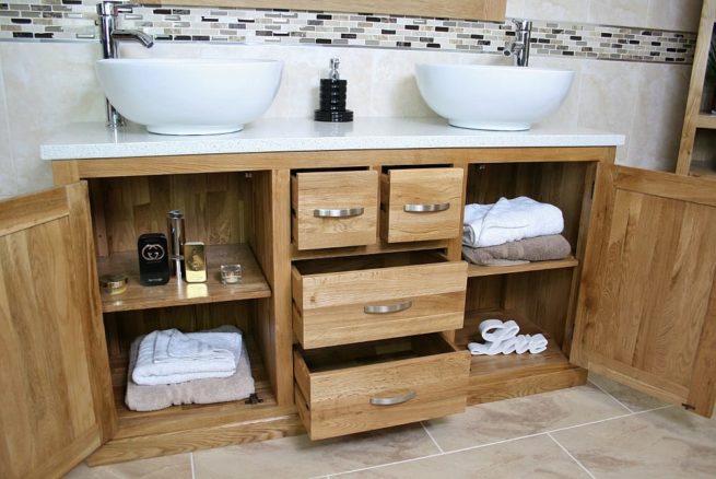 White Quartz Top Double Ceramic White Basin, Oak Vanity Unit - Showing Storage