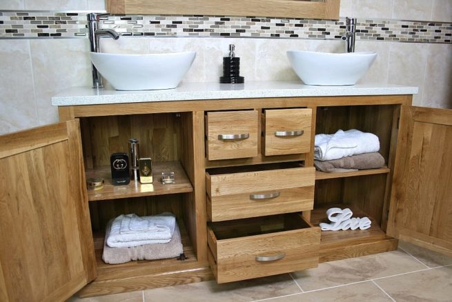 White Quartz Top, Double Basin, Oak Vanity Unit - Showing Lots of Storage