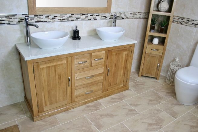 White Quartz Top Double Basin Oak Vanity Unit - Side View