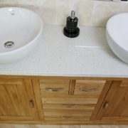 Above View of Round White Ceramic Basins on White Quartz Top, Oak Bathroom Vanity