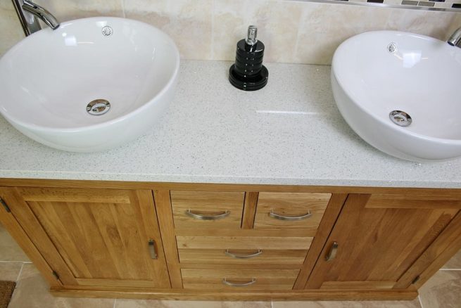 Above View of Round White Ceramic Basins on White Quartz Top, Oak Bathroom Vanity