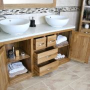 White Quartz Top Double Ceramic White Round Basin Vanity Unit - Side View Showing Storage