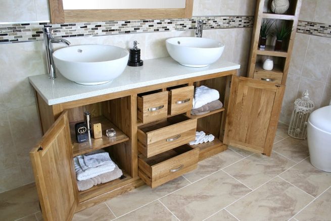 White Quartz Top Double Ceramic White Round Basin Vanity Unit - Side View Showing Storage