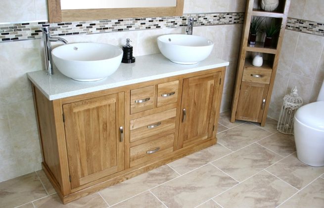 White Quartz Top Double Ceramic White Basin Vanity Unit