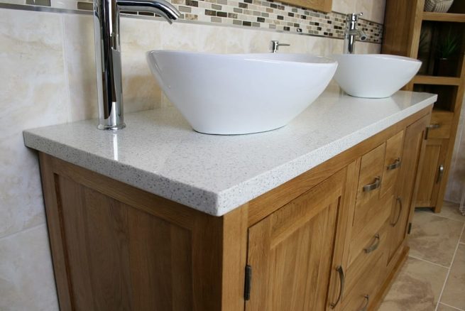 Close-up View of White Ceramic Basins on Large White Quartz Top, Oak Vanity Unit