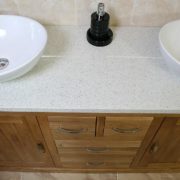 Above View of White Quartz Top, Double Ceramic Basin Oak Bathroom Vanity Unit