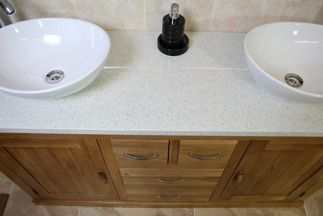 Above View of White Quartz Top, Double Ceramic Basin Oak Bathroom Vanity Unit