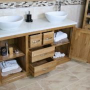 White Quartz Top, Double Ceramic Basin, Oak Vanity Unit - Showing Storage Side View