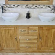 White Quartz Top Double Basin Oak Vanity Unit