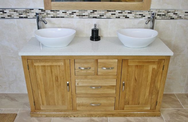 White Quartz Top Double Basin Oak Vanity Unit