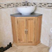 Round Curved Ceramic White Bathroom Basin on Grey Quartz Top Corner Vanity Unit