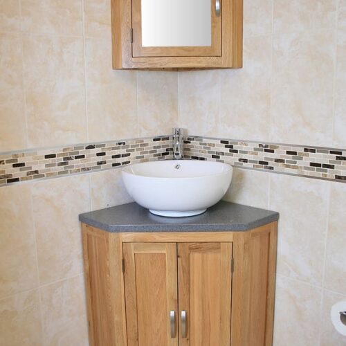 Corner Vanity Unit with Grey Quartz Top & Round Curved Ceramic Basin with Oak Mirror Bathroom Cabinet Set
