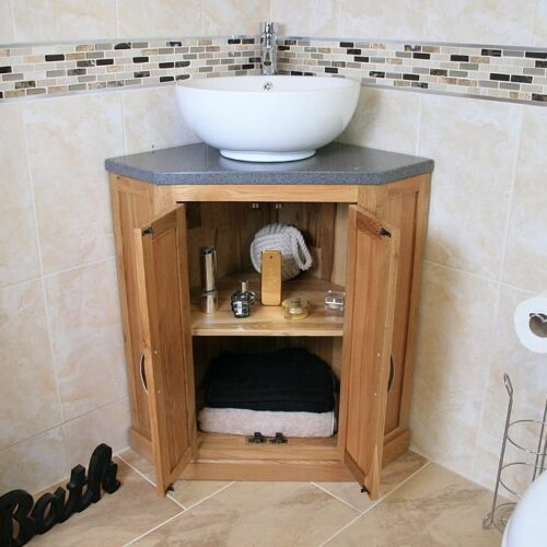 Open Corner Vanity Unit with Grey Quartz Top & White Round Curved Ceramic Basin