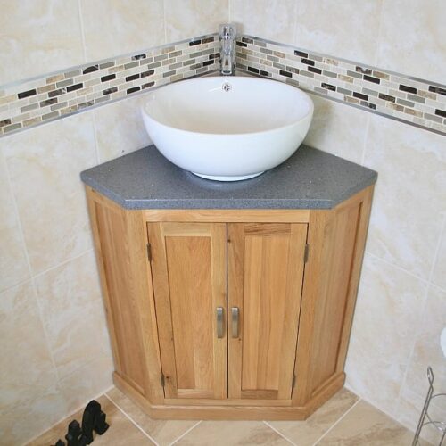 Corner Vanity Unit with Grey Quartz Top and White Round Curved Ceramic Bathroom Basin