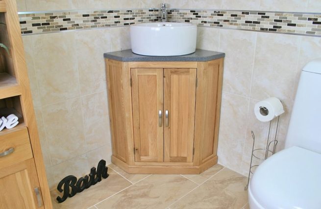 Grey Quartz Top Corner Vanity Unit with Round Ceramic White Basin