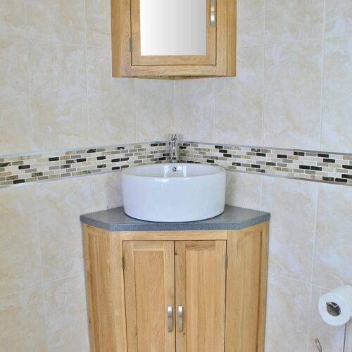 Grey Quartz Top Corner Vanity Unit with Round Ceramic White Basin & Mirror Bathroom Cabinet Set