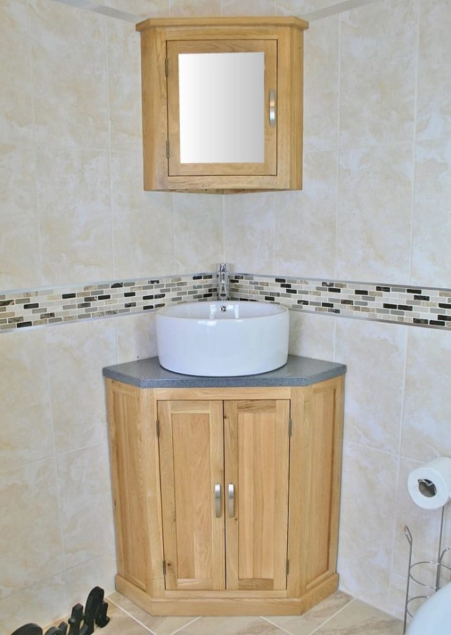 Grey Quartz Top Corner Vanity Unit with Round Ceramic White Basin & Mirror Bathroom Cabinet Set