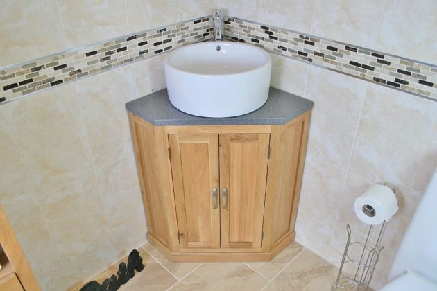 Corner Vanity Unit with Grey Quartz Top and Round Ceramic White Bathroom Basin