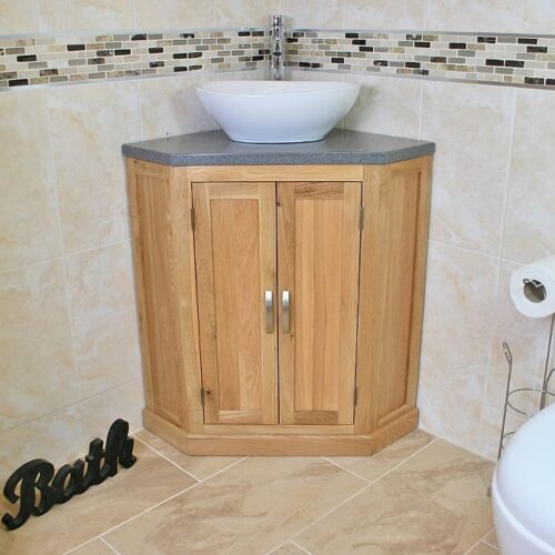 Oval White Ceramic Bathroom Basin on Grey Quartz Top Corner Vanity Unit